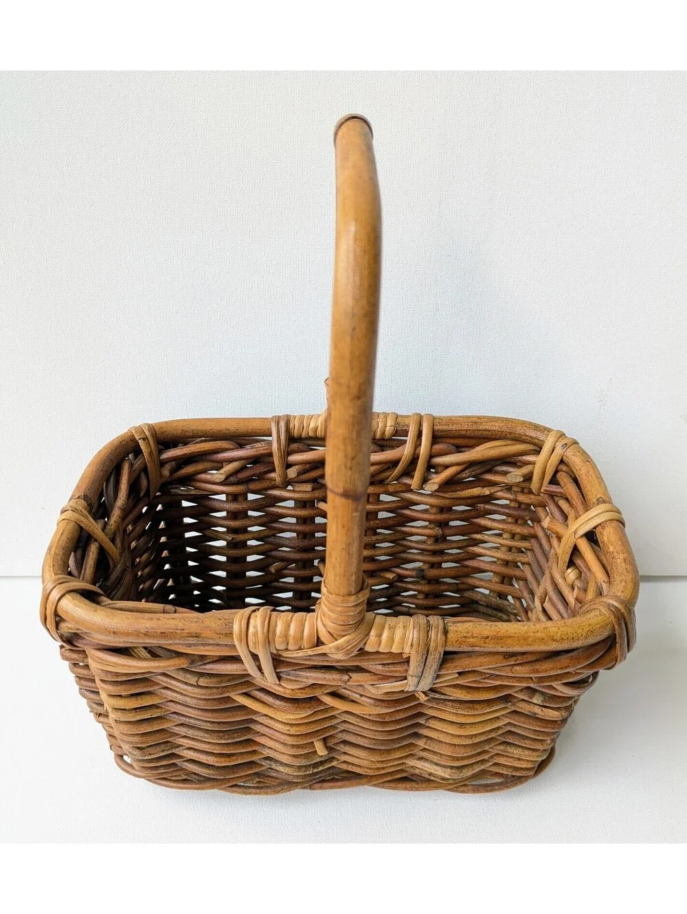 True Vintage Handcrafted Wicker Basket, Bentwood Handle, Divided Interior